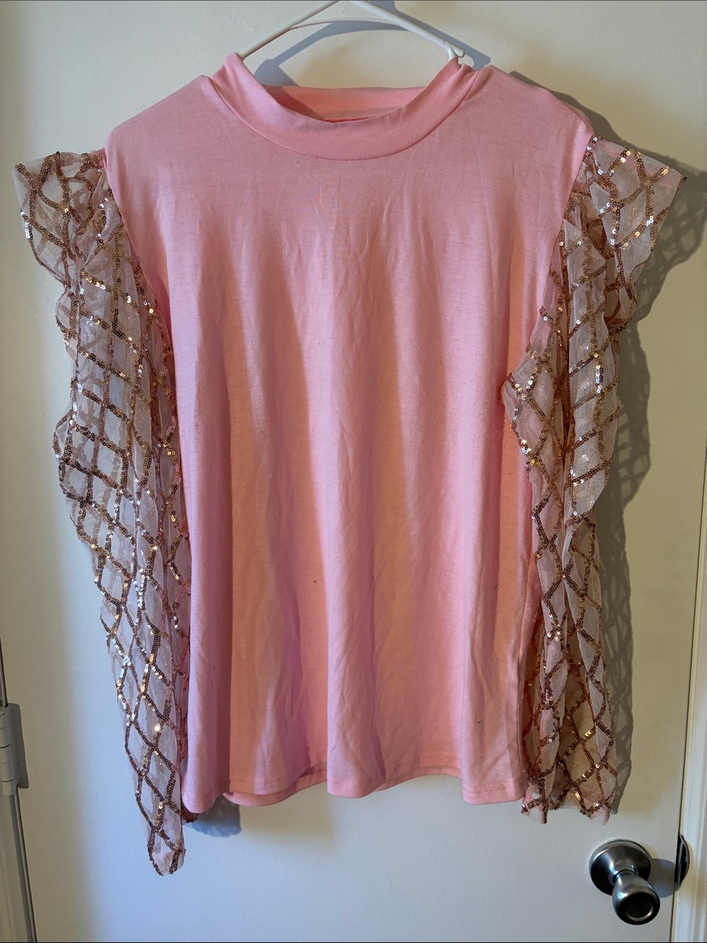 Pink Sequin Mesh Sleeve Women’s Top